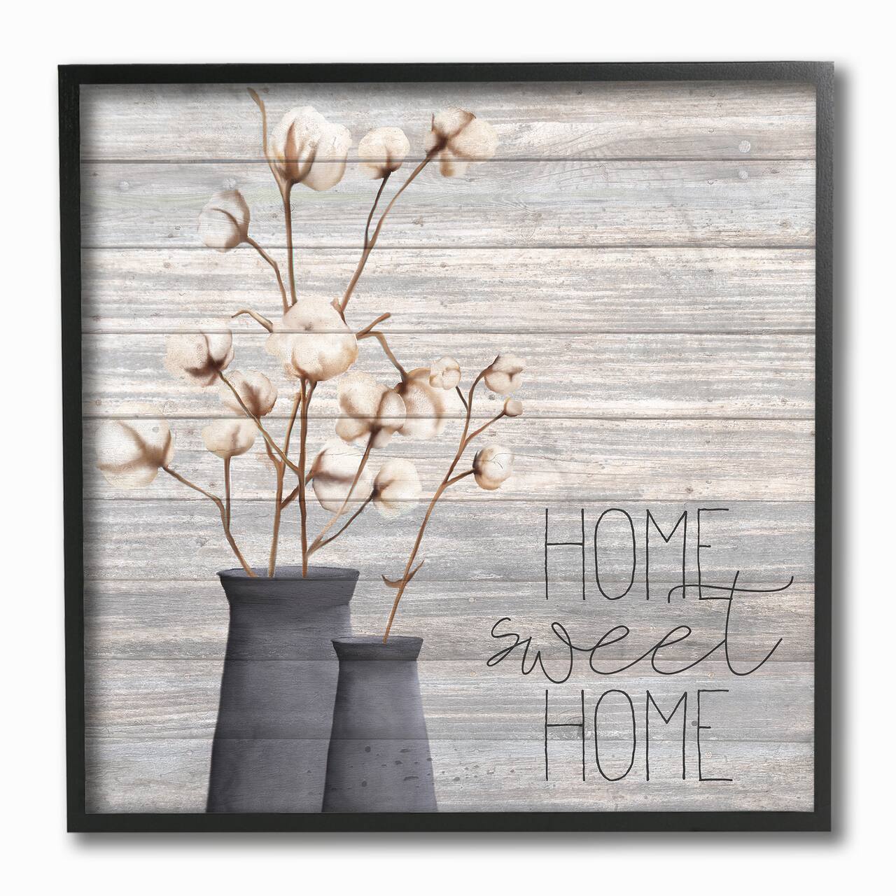 Stupell Industries Home Sweet Home Cotton Flowers in Vase Wall Art in Black Frame